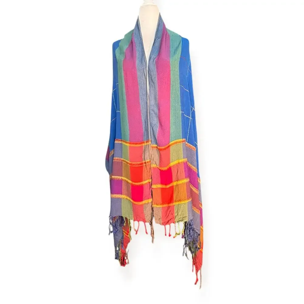 Multicolor Striped Fringe Scarf Lightweight‎ Wrap Shawl Boho Summer Accessory